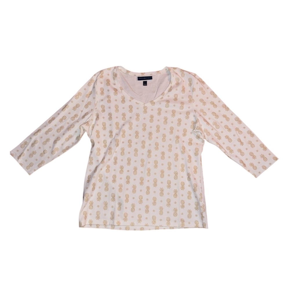 Karen Scott Women’s Large V-Neck Pullover Top Pineapple Print 3/4 Sleeve